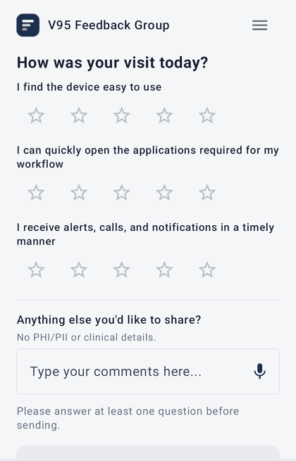 A blank FeedBeam poll with three questions and a comment field
