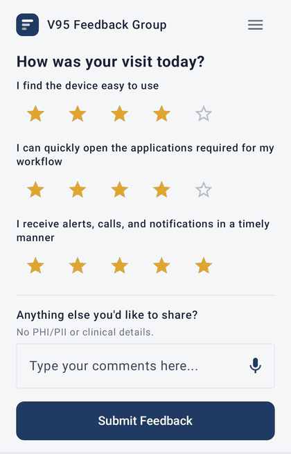 FeedBeam poll screen with star ratings answered and a Submit Feedback button